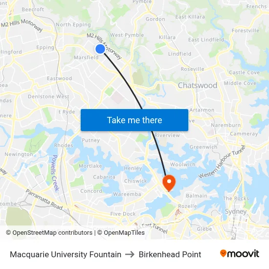 Macquarie University Fountain to Birkenhead Point map