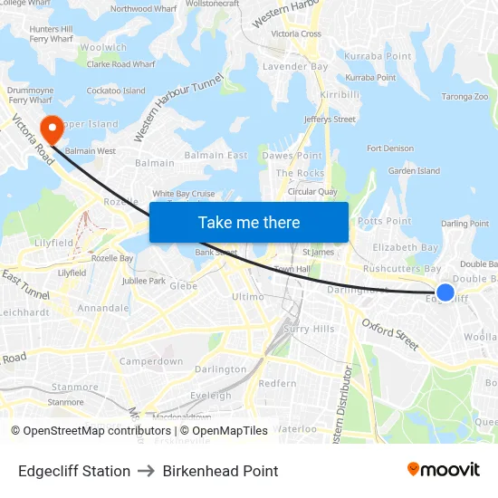 Edgecliff Station to Birkenhead Point map