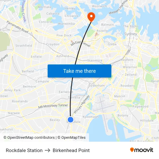 Rockdale Station to Birkenhead Point map
