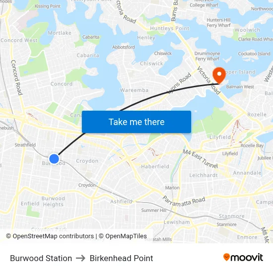 Burwood Station to Birkenhead Point map