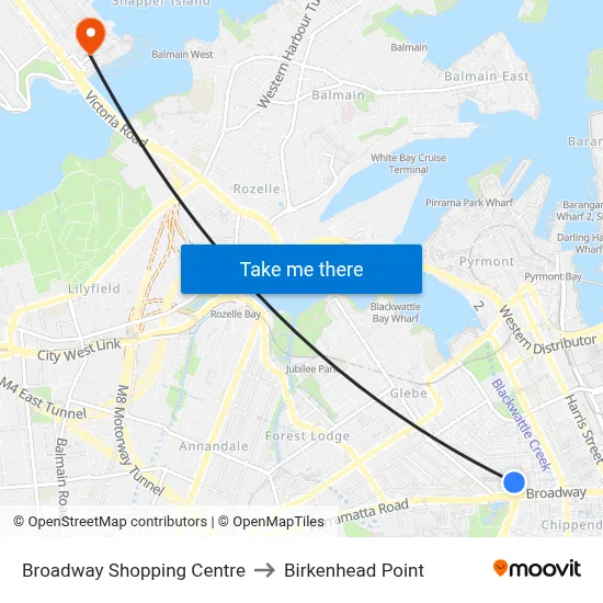 Broadway Shopping Centre to Birkenhead Point map