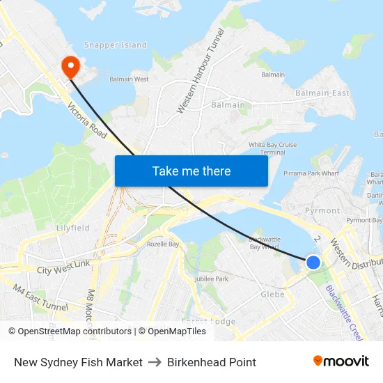 New Sydney Fish Market to Birkenhead Point map