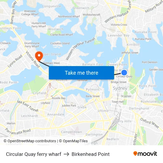 Circular Quay ferry wharf to Birkenhead Point map