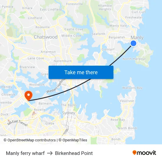 Manly ferry wharf to Birkenhead Point map