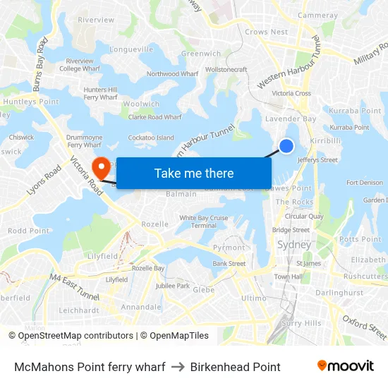 McMahons Point ferry wharf to Birkenhead Point map