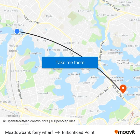 Meadowbank ferry wharf to Birkenhead Point map