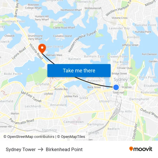 Sydney Tower to Birkenhead Point map
