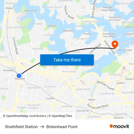 Strathfield Station to Birkenhead Point map