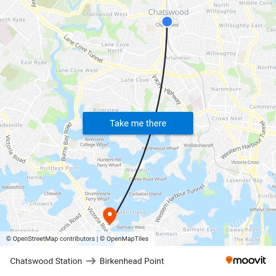 Chatswood Station to Birkenhead Point map