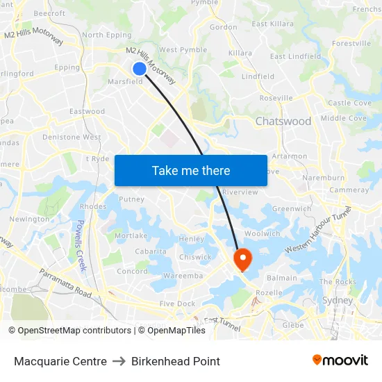 Macquarie Centre to Birkenhead Point map