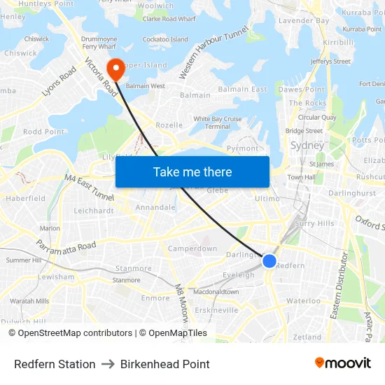 Redfern Station to Birkenhead Point map
