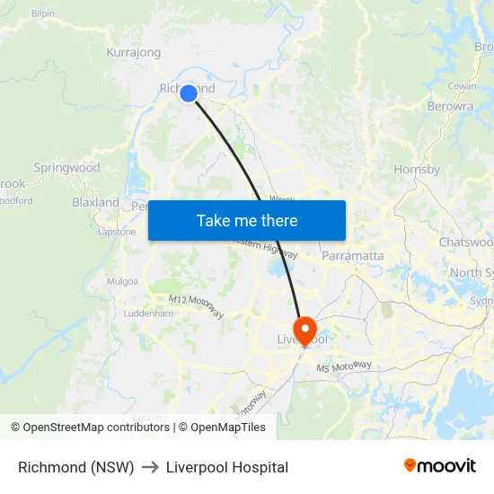 Richmond (NSW) to Liverpool Hospital map