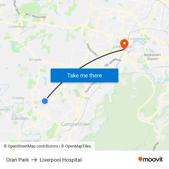 Oran Park to Liverpool Hospital map