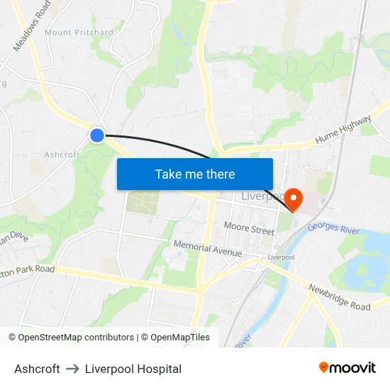 Ashcroft to Liverpool Hospital map