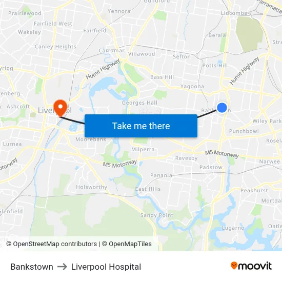 Bankstown to Liverpool Hospital map
