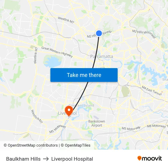 Baulkham Hills to Liverpool Hospital map