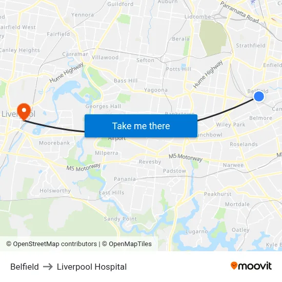 Belfield to Liverpool Hospital map