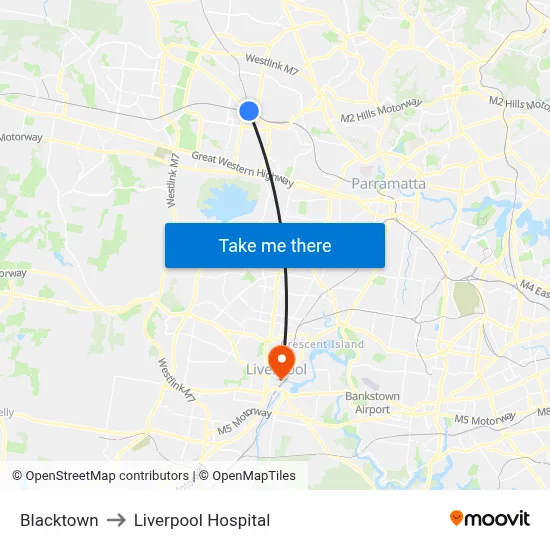 Blacktown to Liverpool Hospital map