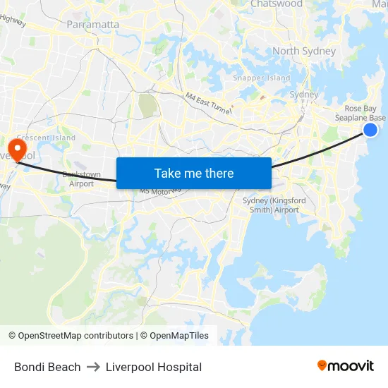 Bondi Beach to Liverpool Hospital map