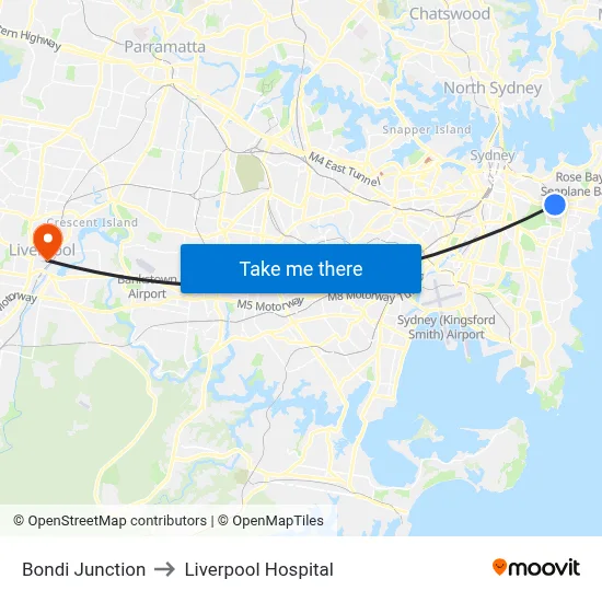 Bondi Junction to Liverpool Hospital map