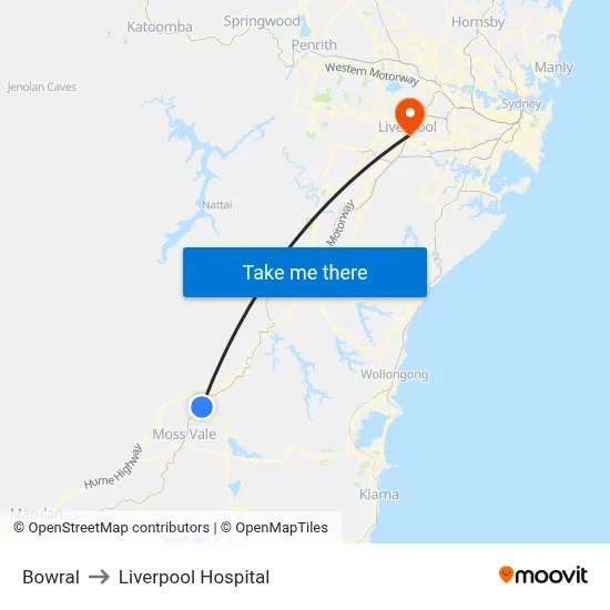 Bowral to Liverpool Hospital map