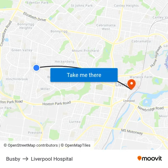 Busby to Liverpool Hospital map