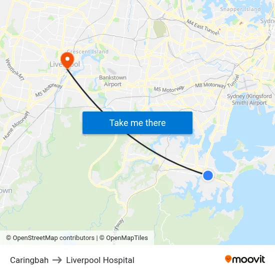 Caringbah to Liverpool Hospital map