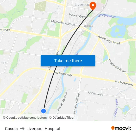 Casula to Liverpool Hospital map