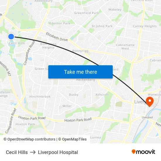 Cecil Hills to Liverpool Hospital map