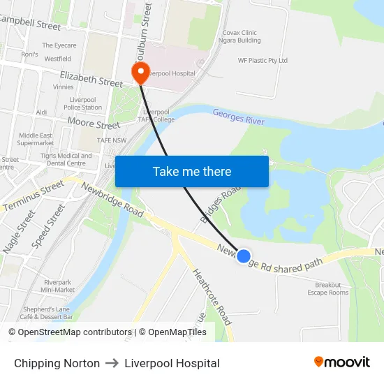 Chipping Norton to Liverpool Hospital map