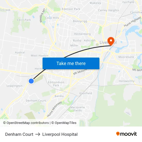 Denham Court to Liverpool Hospital map
