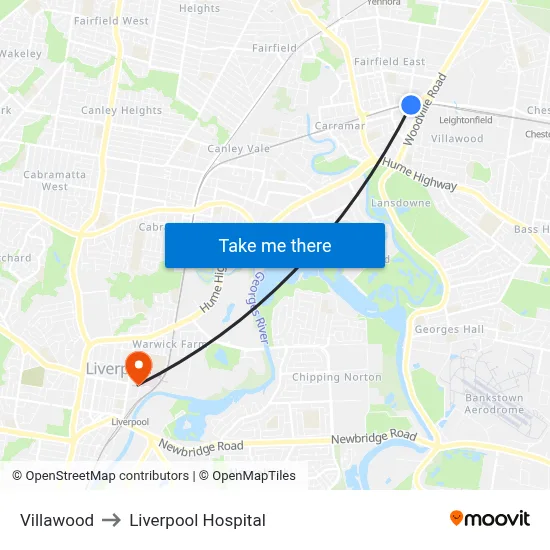 Villawood to Liverpool Hospital map