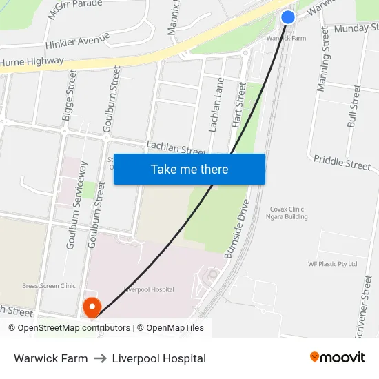 Warwick Farm to Liverpool Hospital map
