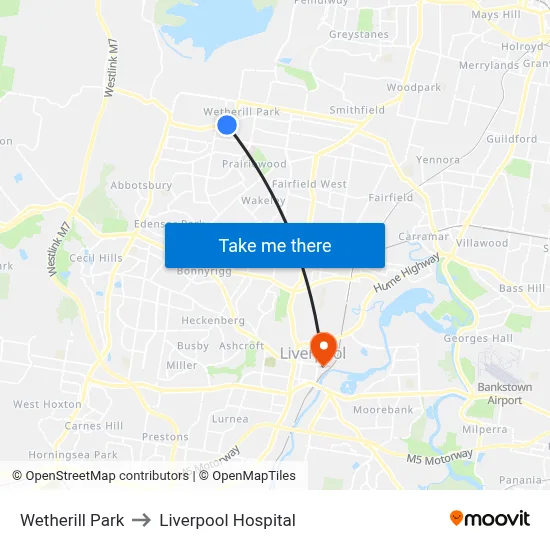 Wetherill Park to Liverpool Hospital map