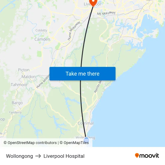 Wollongong to Liverpool Hospital map