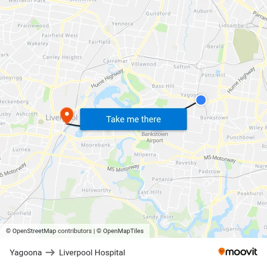 Yagoona to Liverpool Hospital map