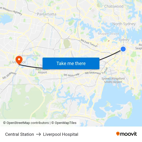 Central Station to Liverpool Hospital map