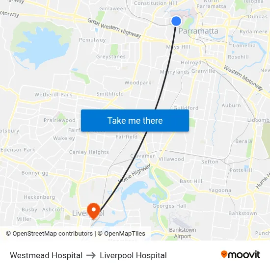 Westmead Hospital to Liverpool Hospital map
