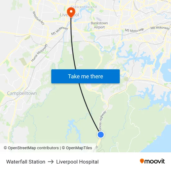 Waterfall Station to Liverpool Hospital map