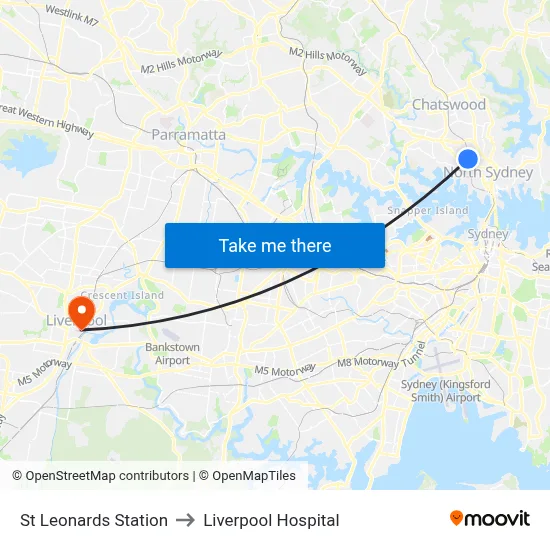 St Leonards Station to Liverpool Hospital map