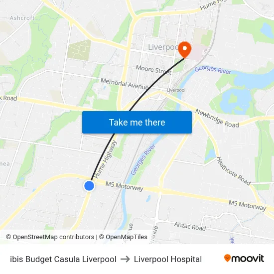 ibis Budget Casula Liverpool to Liverpool Hospital map