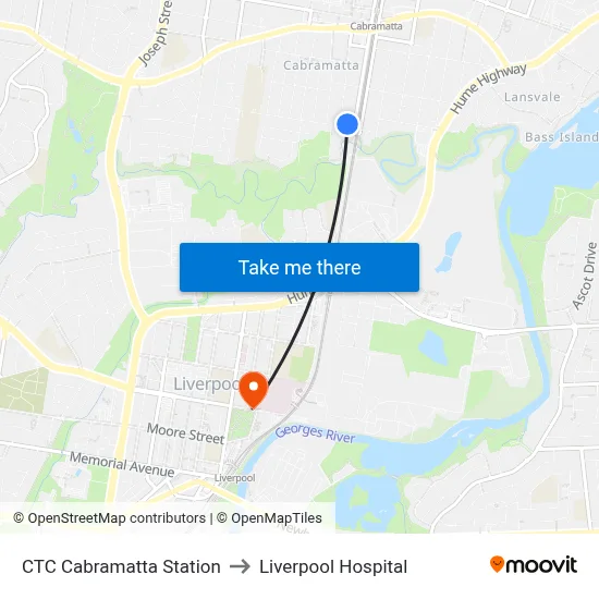 CTC Cabramatta Station to Liverpool Hospital map