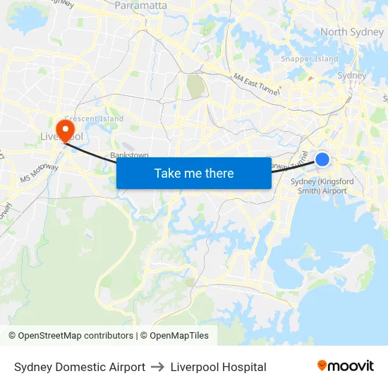 Sydney Domestic Airport to Liverpool Hospital map