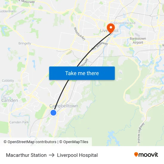 Macarthur Station to Liverpool Hospital map