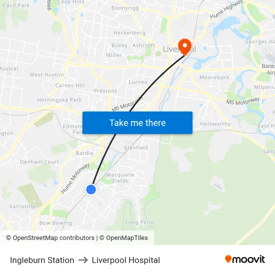 Ingleburn Station to Liverpool Hospital map