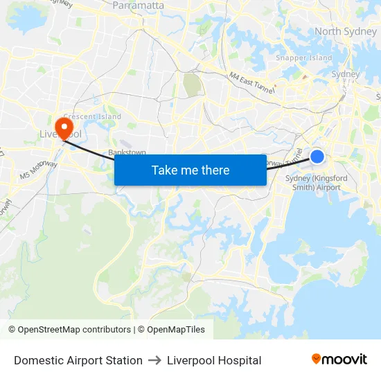 Domestic Airport Station to Liverpool Hospital map