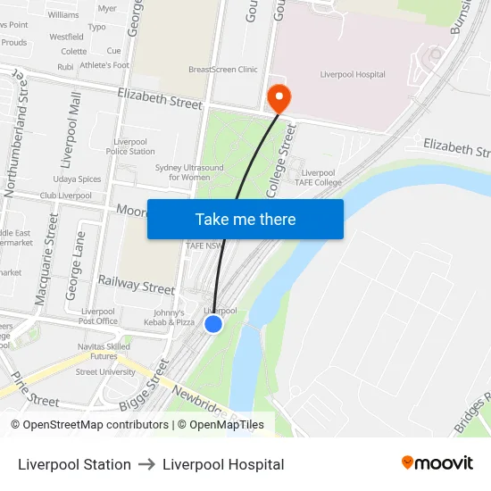 Liverpool Station to Liverpool Hospital map