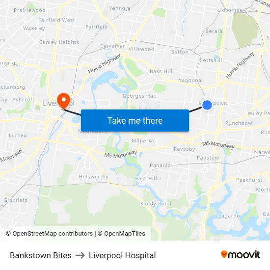 Bankstown Bites to Liverpool Hospital map