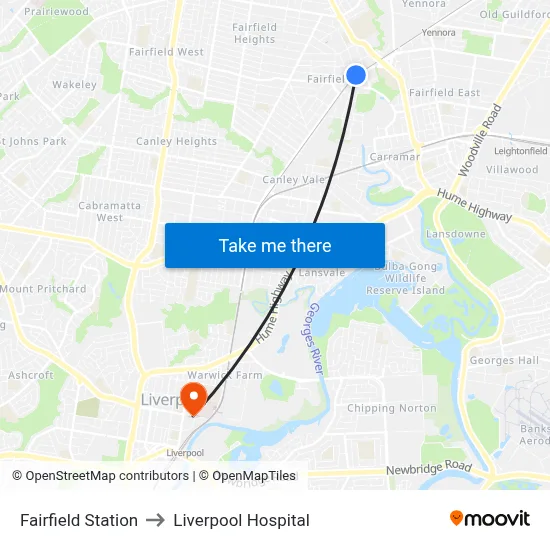 Fairfield Station to Liverpool Hospital map