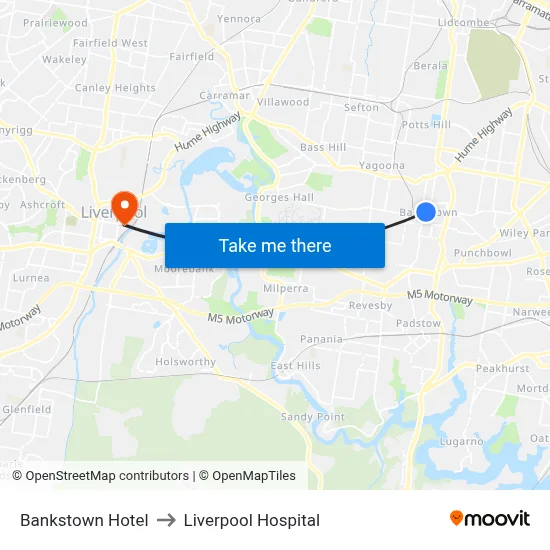 Bankstown Hotel to Liverpool Hospital map